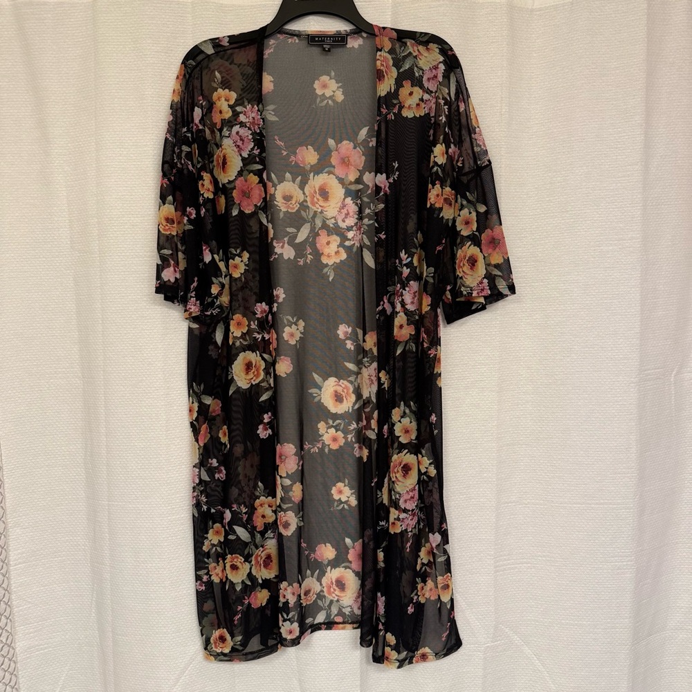Maternity vibes Black Floral Sheer Kimono Robe- open cardigan